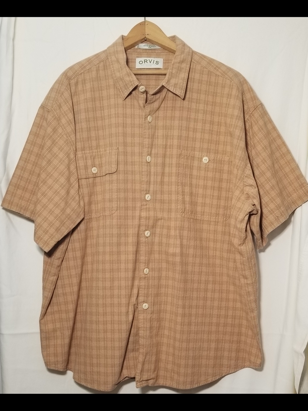 Orvis Men's Short-Sleeve Button-Down Shirt in Tan Plaid Size XXL
